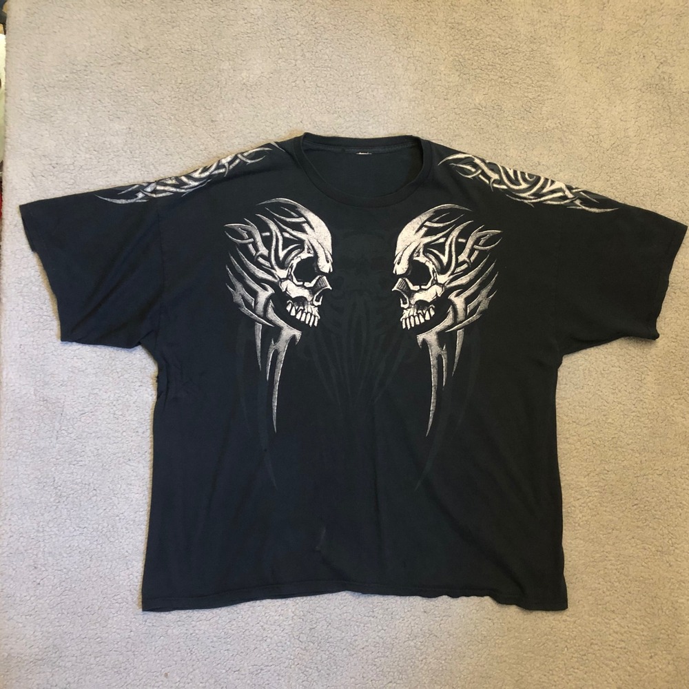 Vintage Skull Tribal Graphic T-Shirt Black Oversized Distressed Grunge Biker